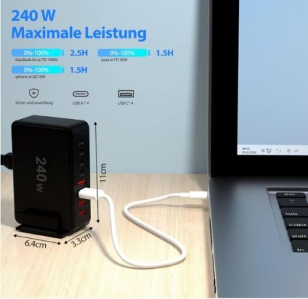 240W 8-Port USB Netzteil Adapter Mehrfach Ladegerät mit 4 USB-C und 4 USB-A SchnellLadegerät PD 3.0